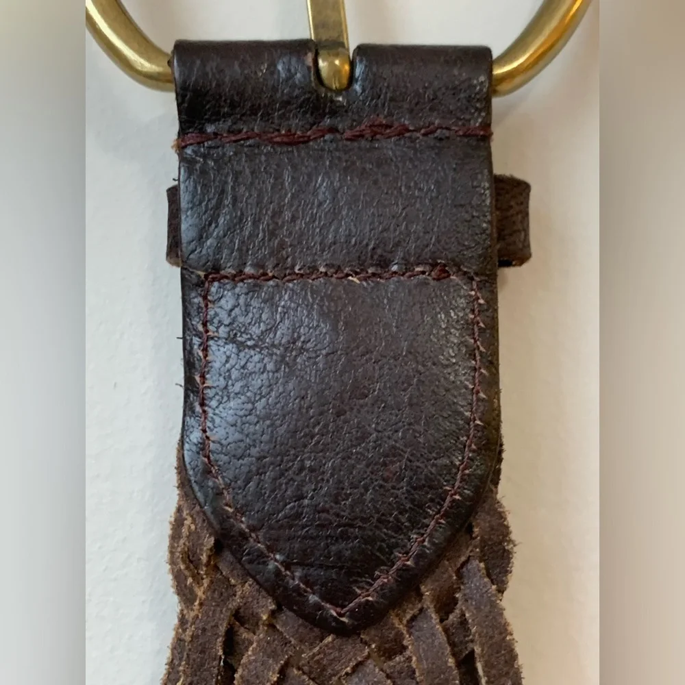 Dark Chocolate Brown Woven Braided Genuine Leather Brass Buckle Belt